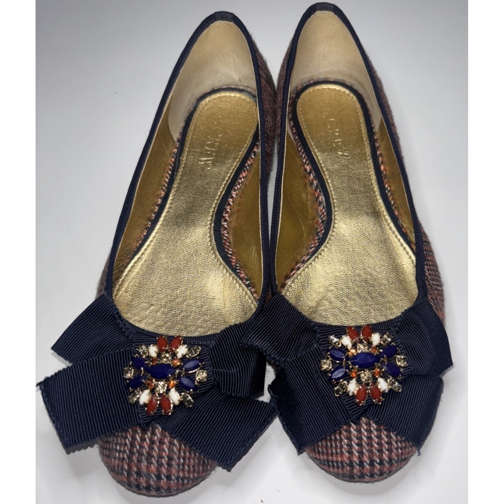 J. Crew Plaid Flats Shoes‎ Ballerina with Bejeweled Bow Women's Size 5